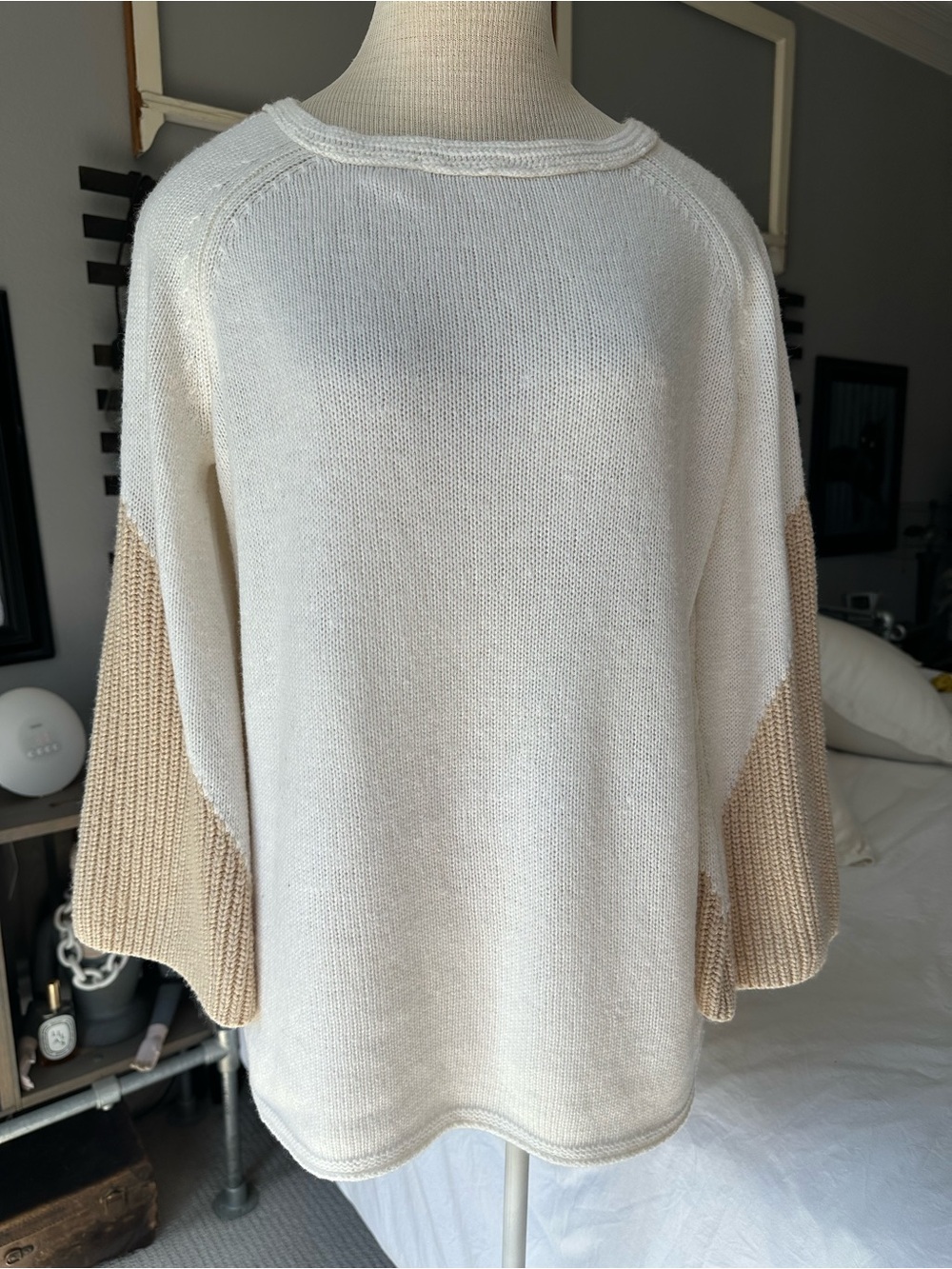 Chico's Cream & Tan Bell-Sleeve Crew Sweater, size medium (1) - Picture 4 of 14